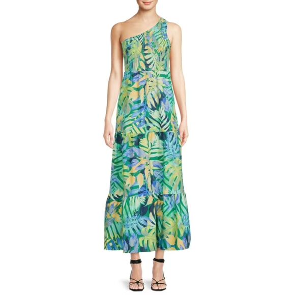 Tropical Maxi Dress One Shoulder Pockets Tiered Smocked Green Blue XXXL 22 C163 - Picture 2 of 10
